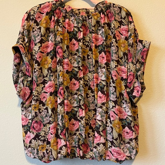 Entro Floral Print Chiffon Blouse Ruffle Neck Boho Romantic Short Sleeve Top  M‎ - Picture 4 of 12